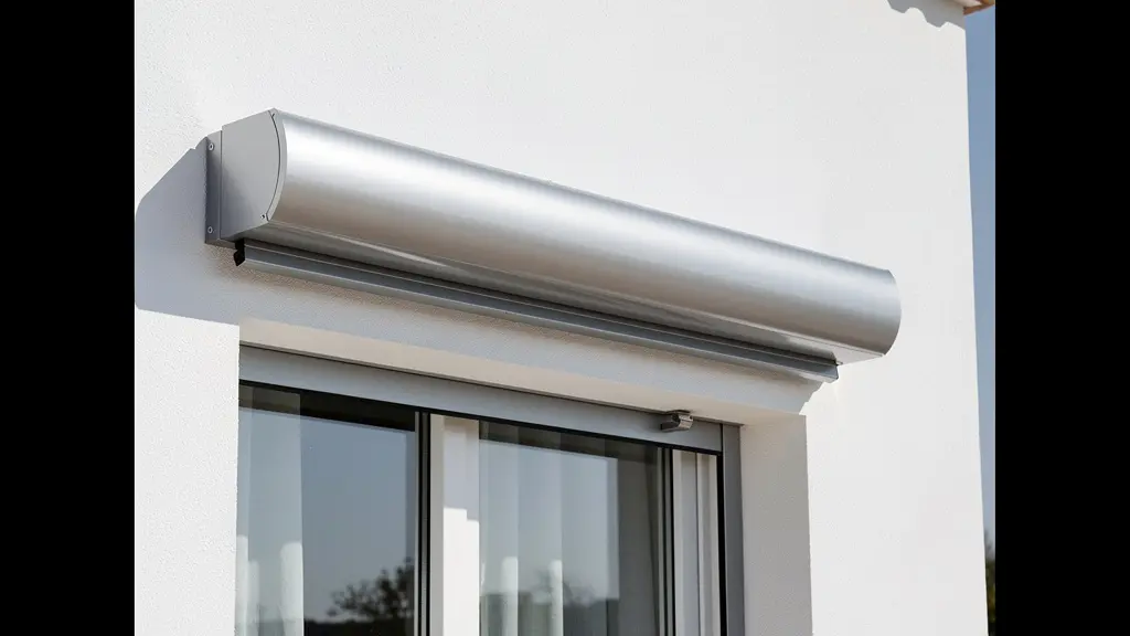 Detalle de cofre de aluminio cerrado protegiendo la lona del toldo en fachada