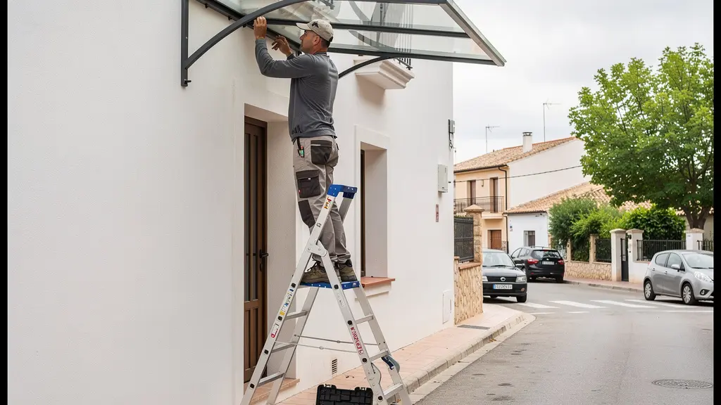 Técnico profesional instalando soporte de toldo en fachada residencial