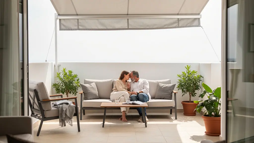 Terraza residencial española con toldo cofre desplegado creando zona de sombra