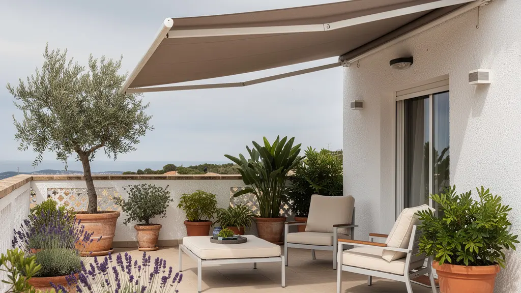 Toldo cofre desplegado creando zona de sombra en terraza residencial española
