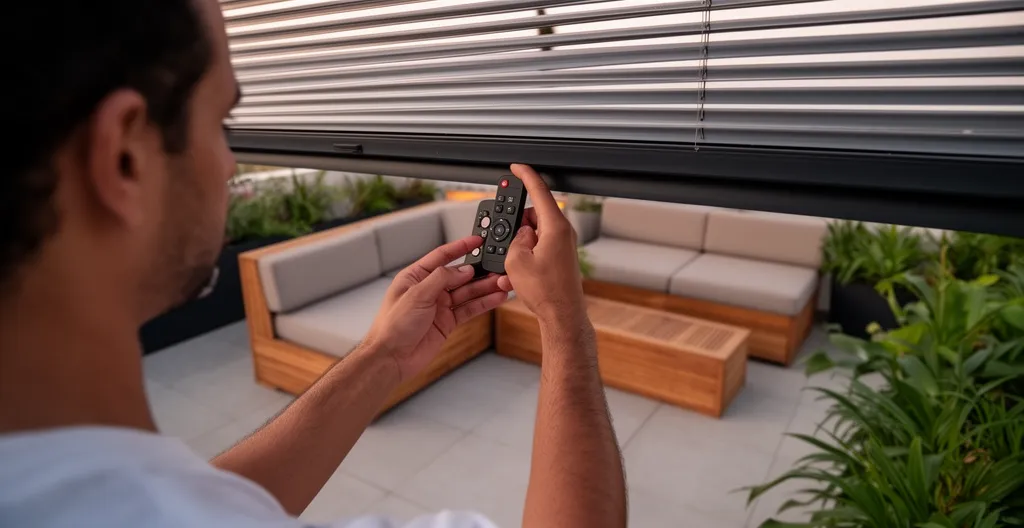 Adulto español ajustando lamas de pérgola con mando a distancia
