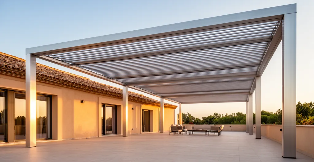 Pérgola bioclimática de grandes dimensiones en terraza residencial española