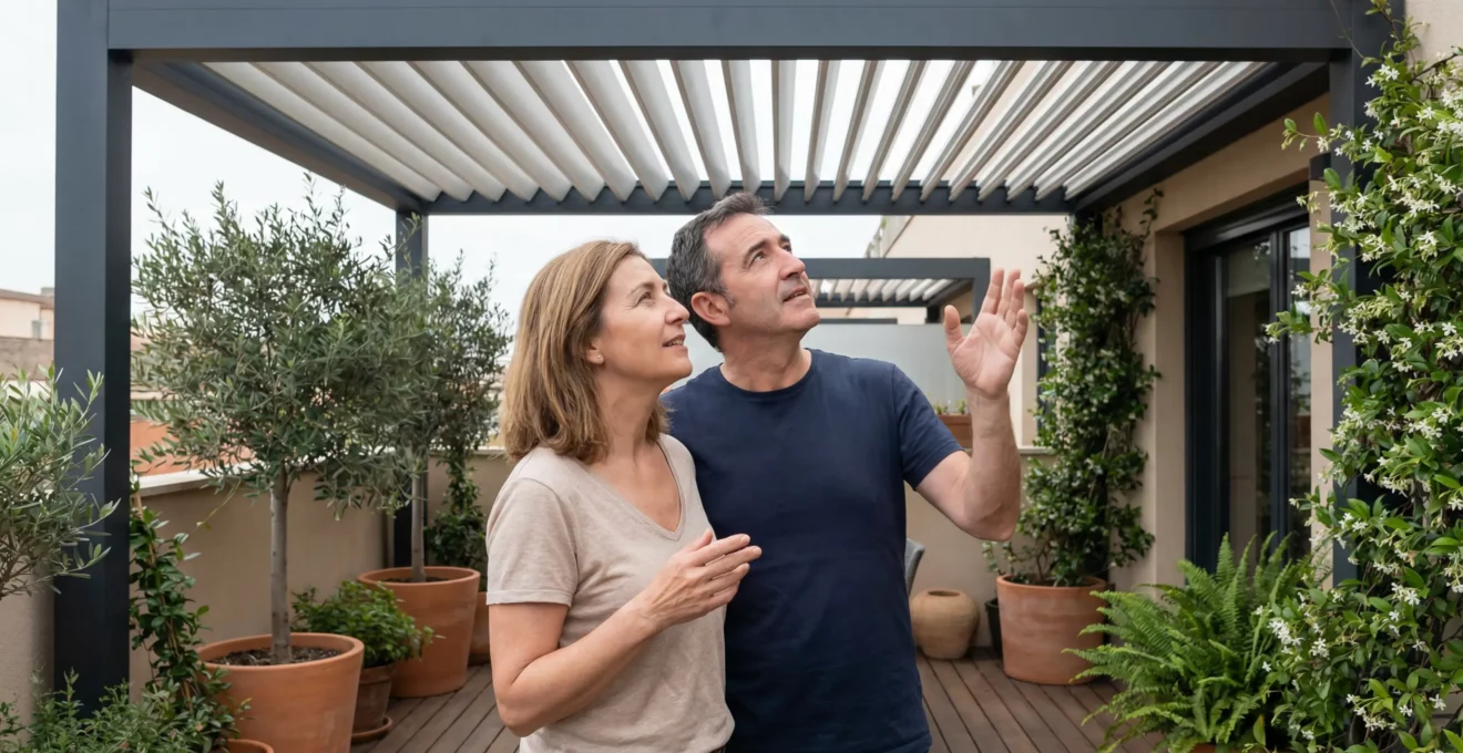 Dos adultos españoles discutiendo ajustes de lamas bajo pérgola bioclimática de aluminio