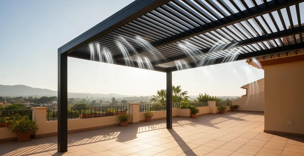 Vista lateral de pérgola mostrando ventilación natural con lamas parcialmente abiertas