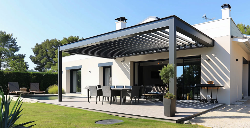 Pérgola bioclimática de grandes dimensiones en terraza residencial española
