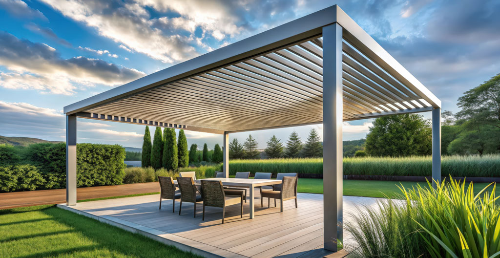 Vista lateral de pérgola mostrando ventilación natural con lamas parcialmente abiertas